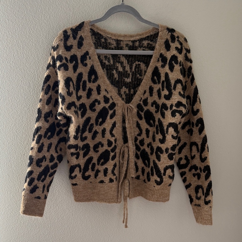 Leopard Print V-Neck Tie Boutique Sweater Cardigan Bow‎ Tie One Size